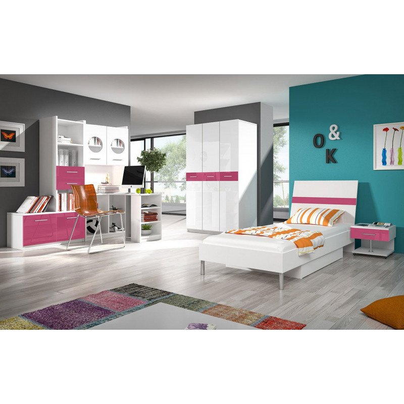 Veneti Nábytok do detskej izby s posteľou 90x200 GORT 1 - biely / lesklý biely / lesklý ružový